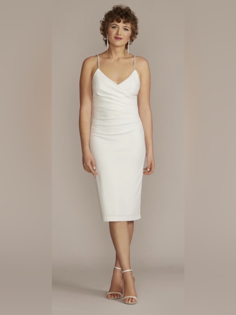 V-Neck Draped White Crepe Slip Dress with Embellished Straps